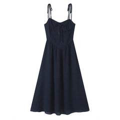 French Retro Floral Print Bow Sexy Spaghetti Straps Dress Women Elegant A-line Midi Casual Summer Dresses Holiday Robe
