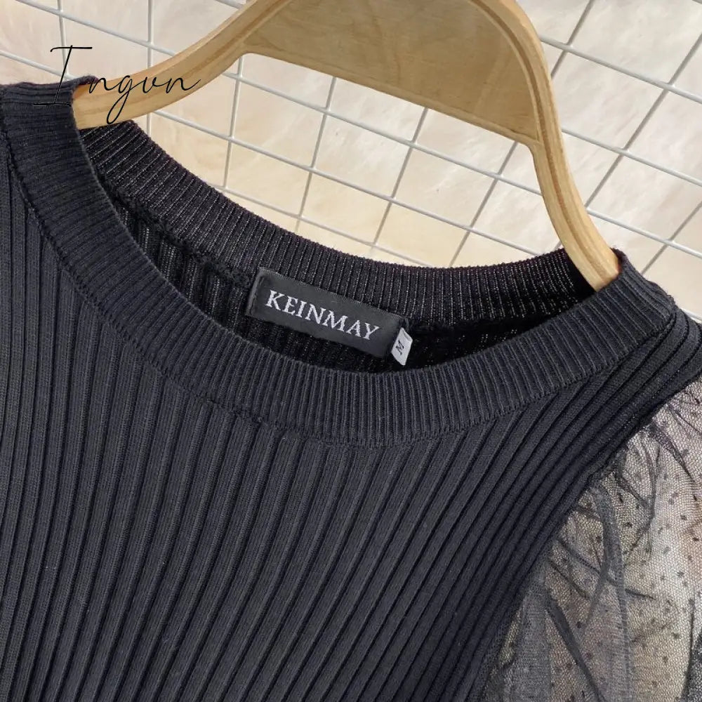 Ingvn - Elegant Mesh Knitted Stitching Dress Women Vintage Puff Sleeve Round Neck A Line Party Dresses Ladies Bandage Printing Dress
