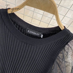 Ingvn - Elegant Mesh Knitted Stitching Dress Women Vintage Puff Sleeve Round Neck A Line Party Dresses Ladies Bandage Printing Dress