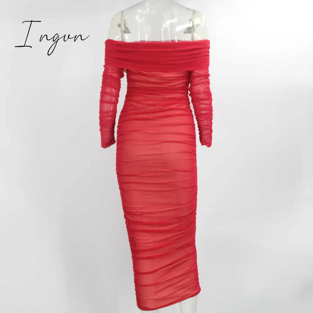 Ingvn - Trends high quality Off Shoulder Ruched Double Layer Mesh Dress Women Long Sleeve Sexy Dresses Ladies Autumn Party Long Christmas Dress