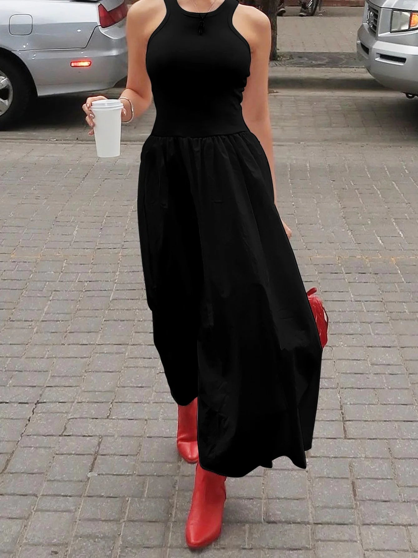 Ingvn  Fashion O-neck Sleeveless Long Tank Dresses for Women White  Summer Casual Office Lady High Waist A-line Black Holiday Dress