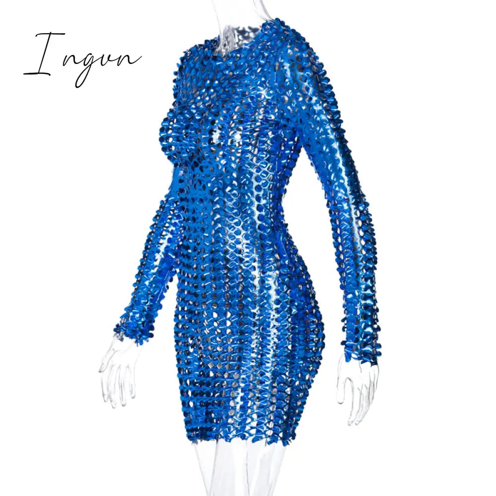 Ingvn - Long Sleeve Cut Out Solid Skinny Sexy Mini Dress Autumn Winter Women Fashion Party Club Elegant Outfits