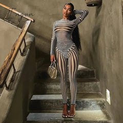 Ingvn - Autumn Mesh Zebra Striped Sets Women 2 Piece Suit T-shirt + Long Pants See-through Sexy Co-ord Set Female Tracksuit Costume