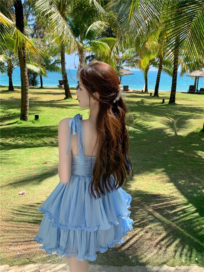 Fashion Women Spaghetti Strap Ruffle Cake Chiffon Dress Sexy Ladies Floral Print Holiday Party Mini Dress Summer Robe