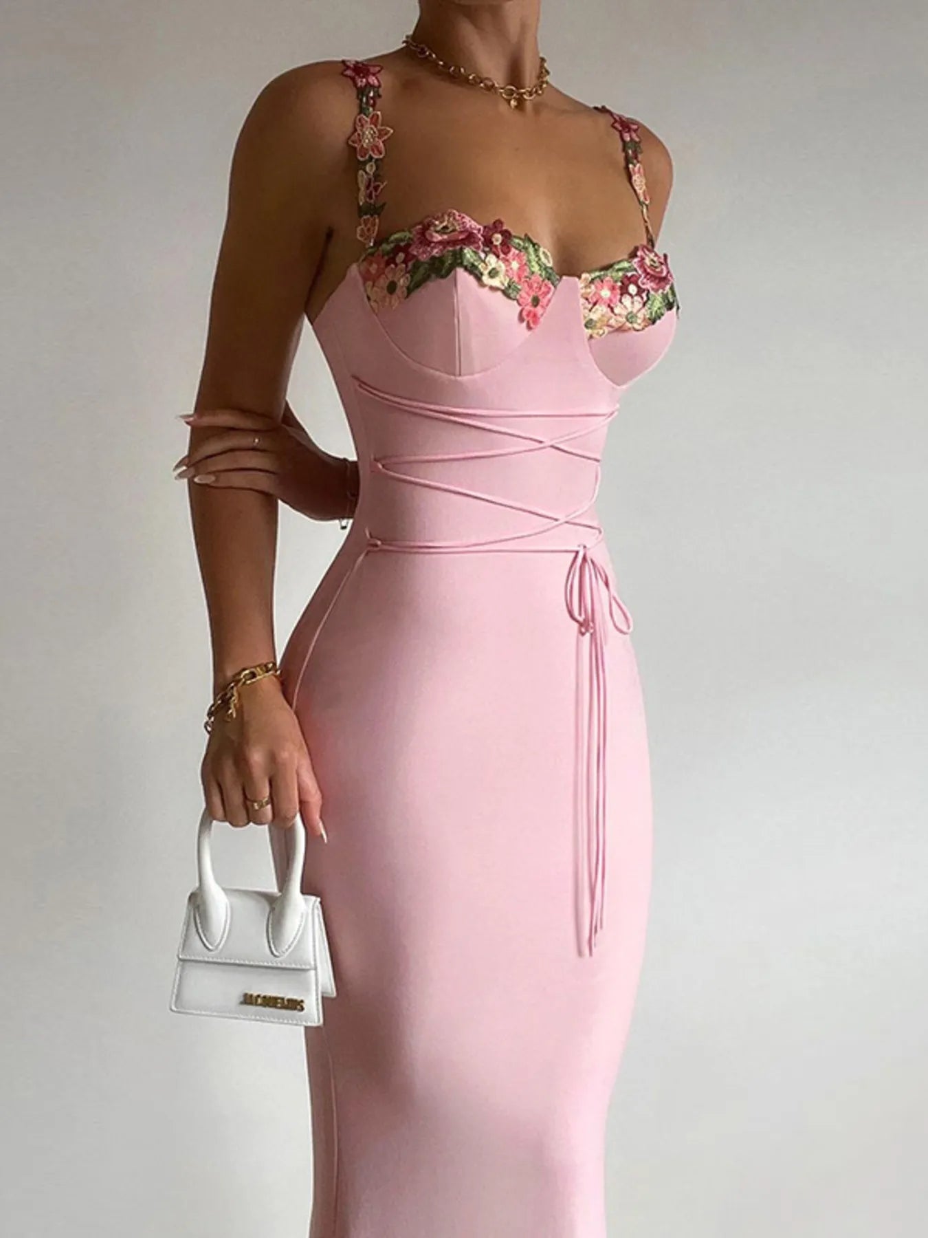 Floral Trim Bodycon Dress with Tie Detail