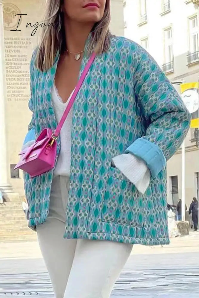 Ingvn - Elegant Geometric Patchwork Pocket Cardigan Collar Outerwear