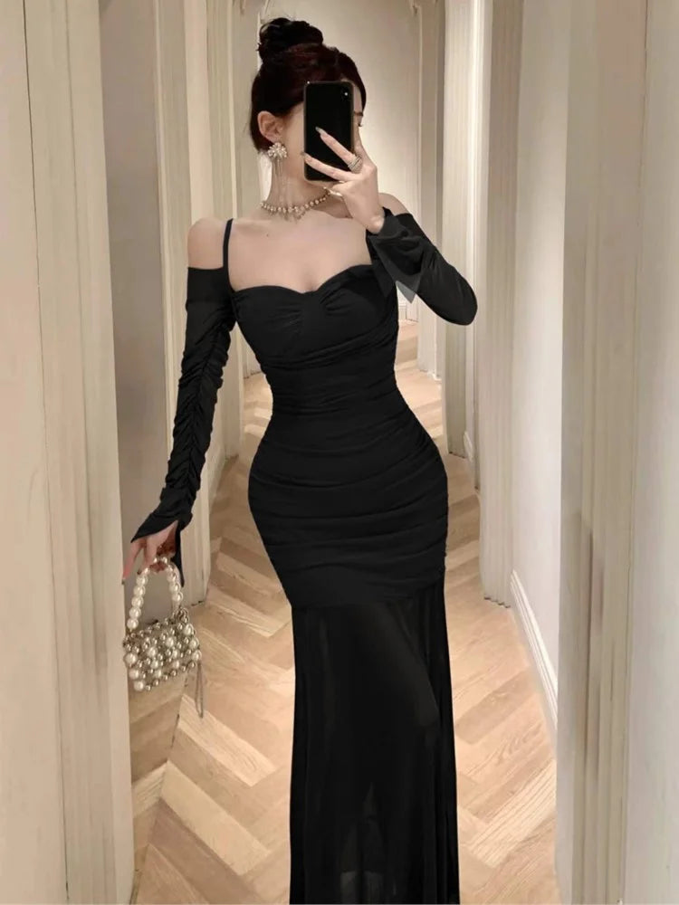 Sexy Spaghetti Straps Mermaid Dresses Elegant Long Sleeve Off Shoulder Pleated Bodycon Vestidos Vintage Party Dress Long Robe