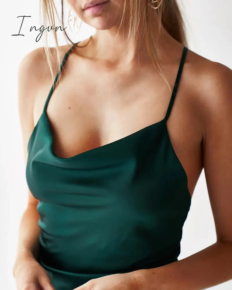 Ingvn - Summer Sleeveless Spaghetti Strap Black Silk Long Dress Sexy Backless Elegant Satin Bodycon Party Dress Woman Split Midi Dresses