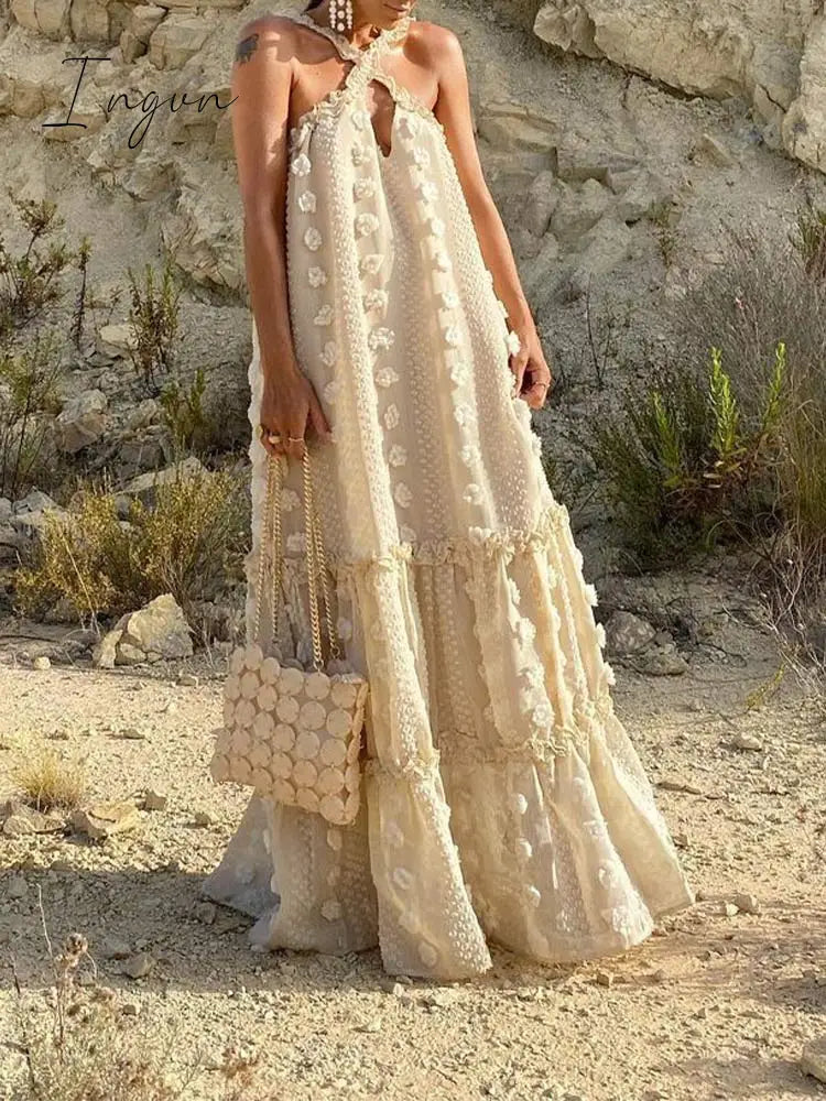 Ingvn - Sleeveless Halter Maxi Summer Dress For Women Fashion Ruffle Beach Long Robe Elegant Slip Holiday Hollow Out Sundress
