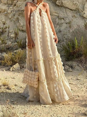 Ingvn - Sleeveless Halter Maxi Summer Dress For Women Fashion Ruffle Beach Long Robe Elegant Slip Holiday Hollow Out Sundress