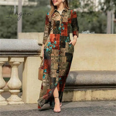 Ingvn - Fall Outfits Autumn Vintage Floral Printed Cotton Dress Women Casual Lapel Collar Button Up Dresses Bohemian Vestidos Long Robe