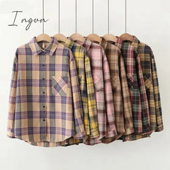 Ingvn - Plaid Shirts Women Top And Blouses Long Sleeve Oversized Cotton Ladies Casual Blusas One Pocket Loose Female Checked Shirt