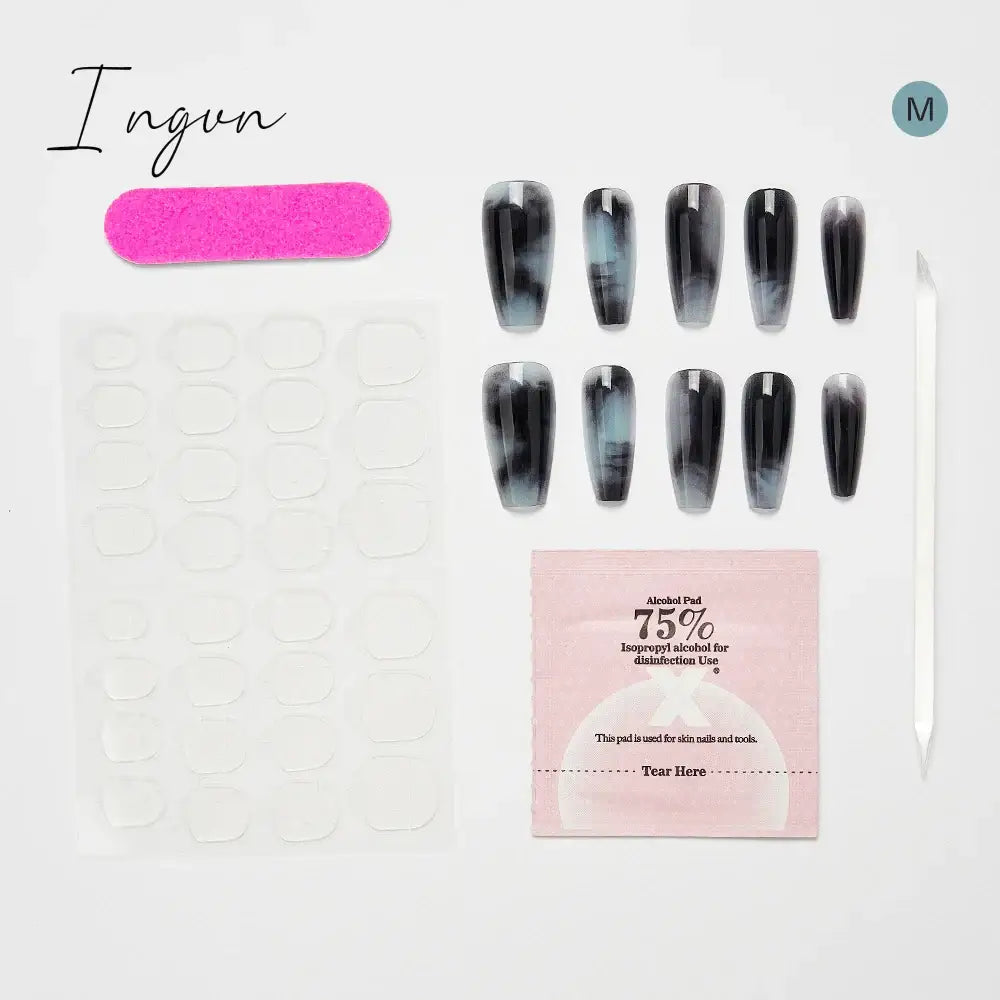 10PCS Chinese Style Fake Nails with Glue Sfumato Ink Long Nails Set Press on Acrylic Stick on False Nails Art