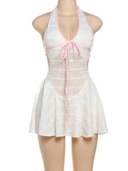 Classic Y2K Backless Dress Women Sexy See Through Summer Pink Shirring Sleeveless Stretch Chic Midnight Mini Bodycon