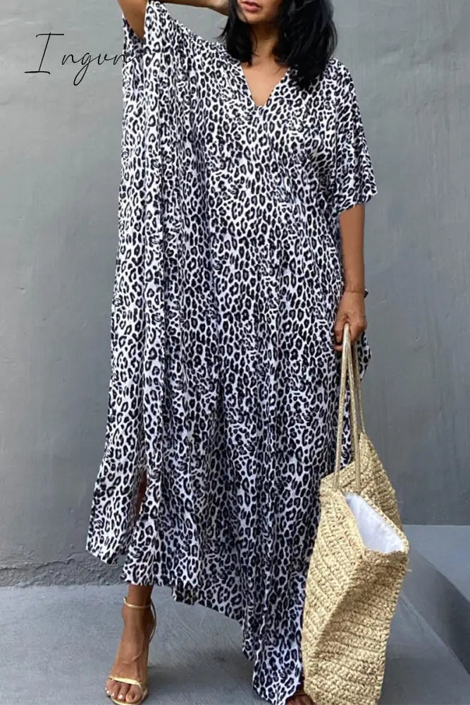 Ingvn - Vintage Vacation Print Leopard Slit Swimwears Cover Up