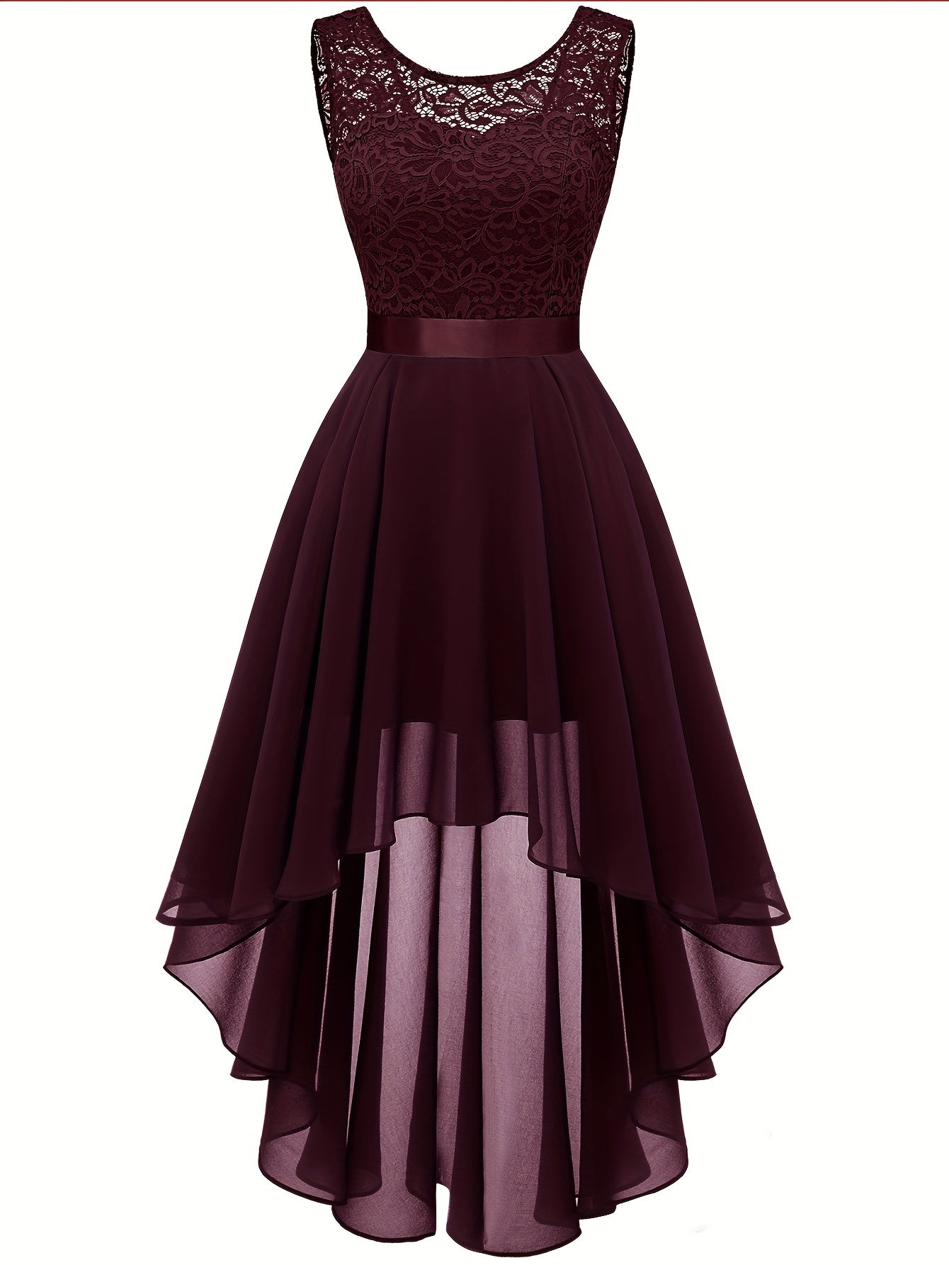 Contrast Lace Asymmetric Hem Wedding Dress, Elegant Solid Bow Waist Tank Dress For Party & Banquet, Homecoming Dress, Women's Clothing