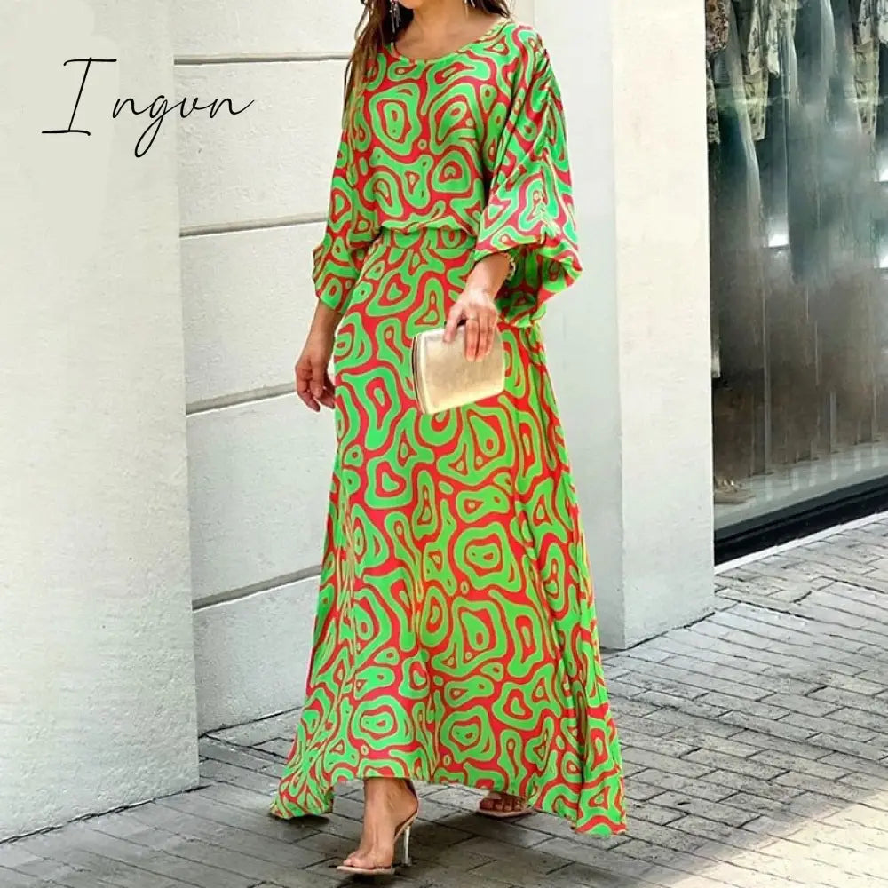 Ingvn - Women Two Piece Set Crew Neck Print Long Lantern Sleeve Top Elegant Dress High Streetwear Casual Beach Suit