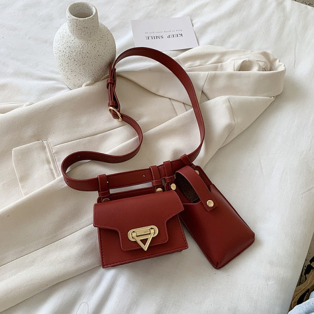 2 Piece Women's Belt Bag Luxury Designer Tactical Waist Bags Female Leather Flap Fanny Pack Shoulder Crossbody Chest Bag Purse