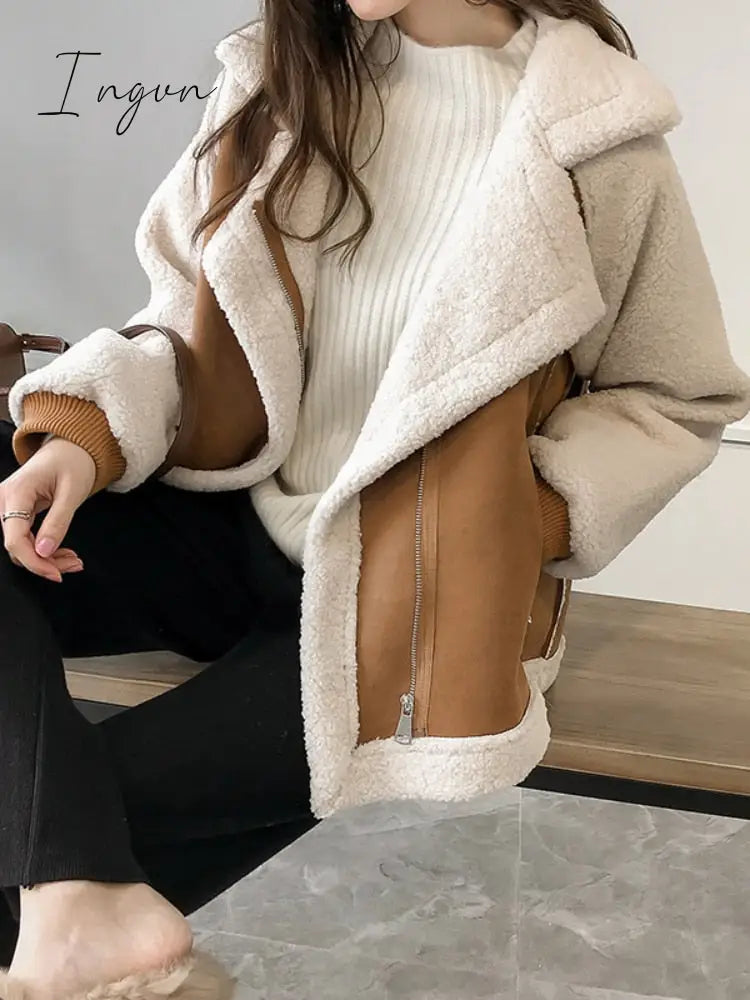 Ingvn - Autumn Winter Women's Coats 2023 New Casual Loose Patchwork Outerwear Harem Korean Vintage Crop Pockets Lambhair Jacket Women