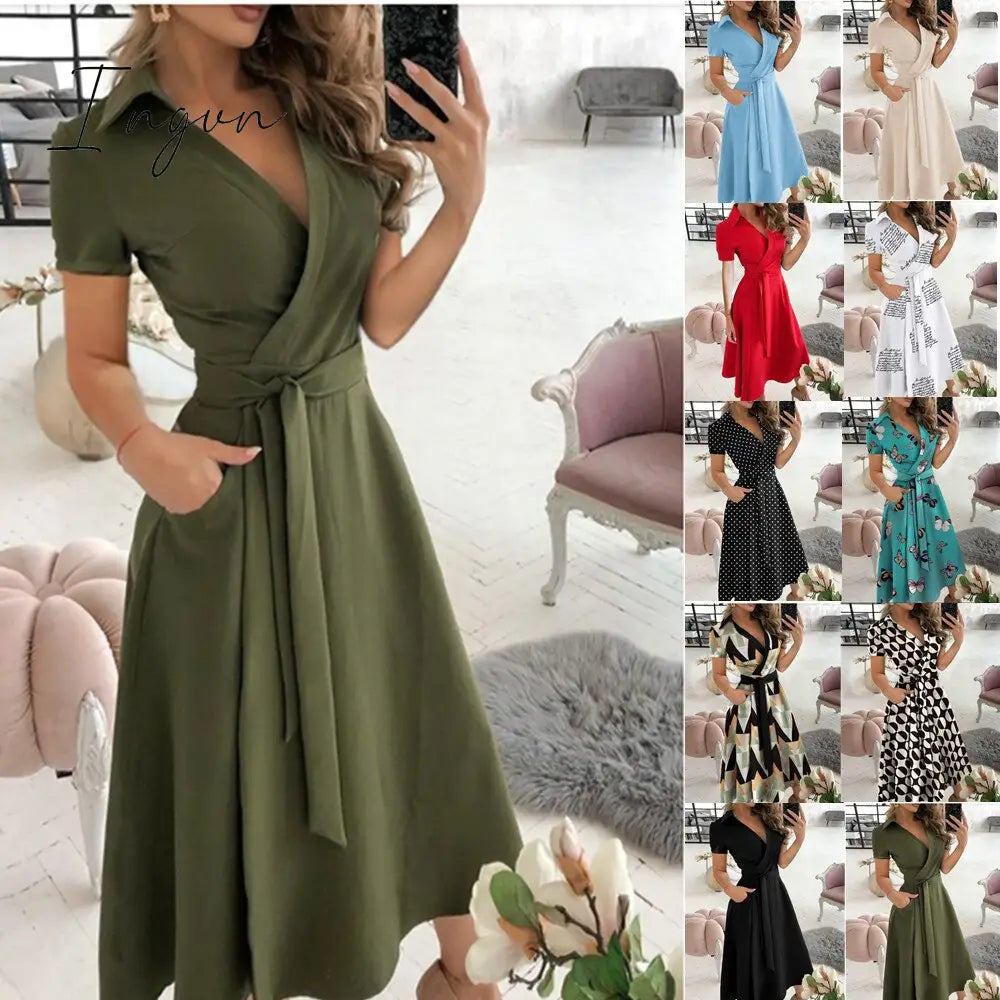 Ingvn - Spring and Summer Fashion New Party Dress Short-sleeved V-neck Retro Dress with Printed Belt