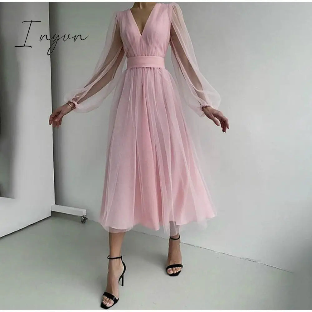 Ingvn - Deep V-Neck Women Mesh Dress Party Summer Long Puff Sleeve Pink Zipper A-Line Thin Waist Translucent Young Girls Clothes