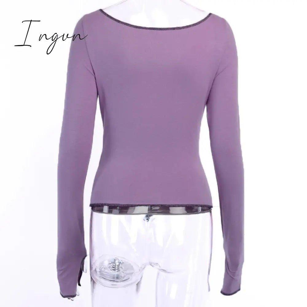Ingvn - Spring Outfits Sexy solid hollow out top long sleeve O-neck t-shirt woman casual Autumn Spring top