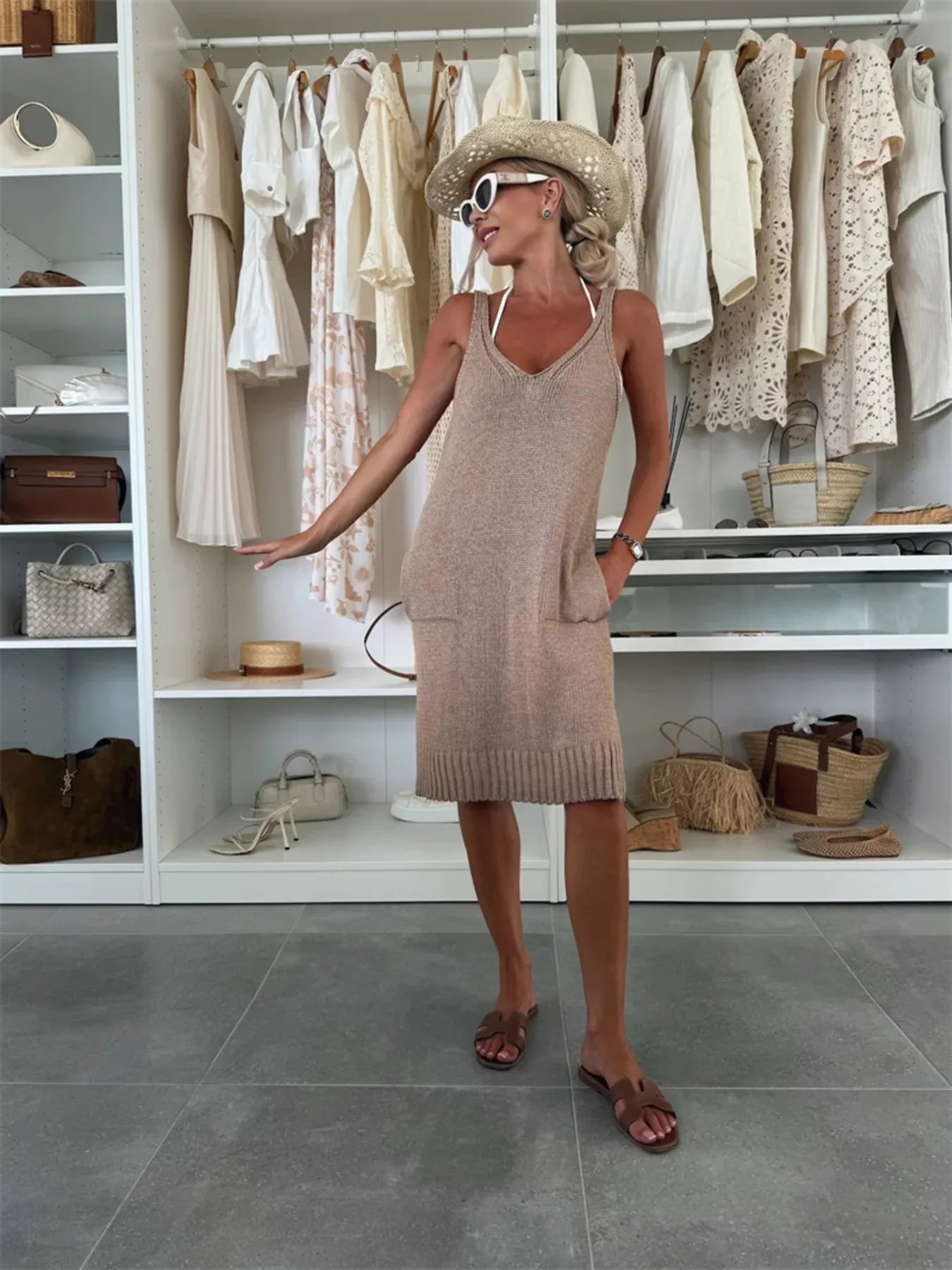 Ribbed Hem V-Neck Sweater Dress