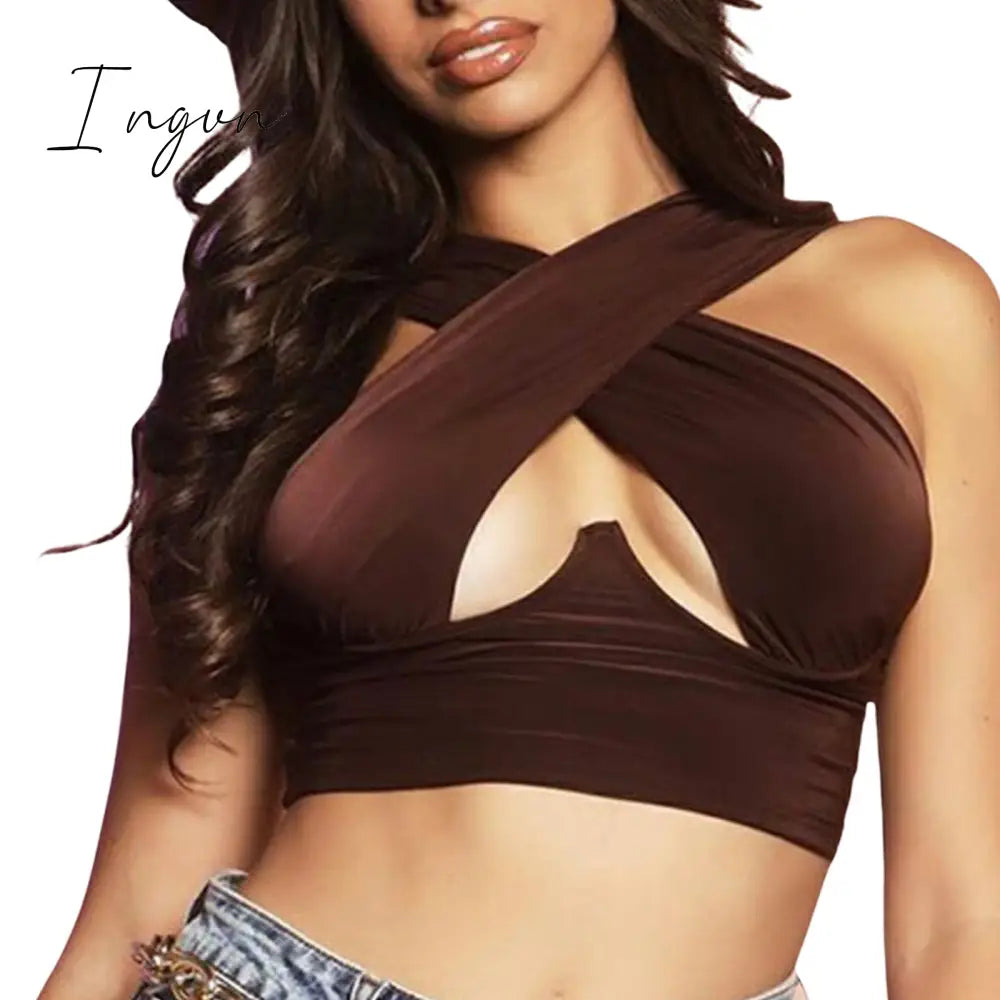 Ingvn - Women's Criss Cross Tank Tops Sexy Sleeveless Solid Color Cutout Front Crop Tops Party Club Streetwear Summer Lady Bustier Tops