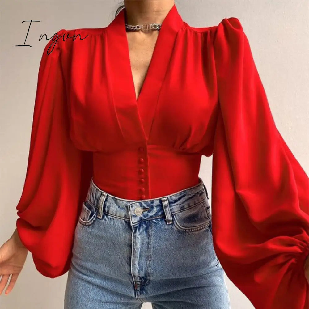 Ingvn - Spring Fashion Women Shirt Lantern Long Sleeves Casual Solid Color Printed Slim Buttons V Neck Blouse Commute High Street Shirts