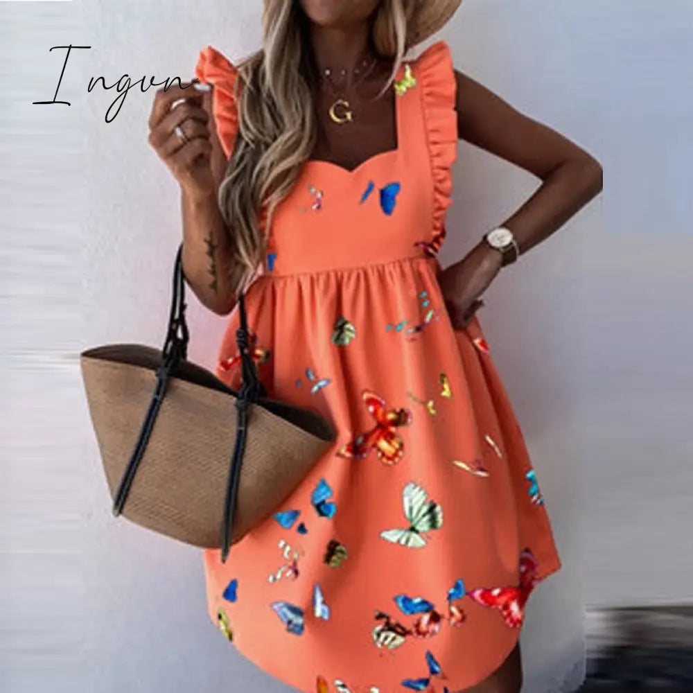 Ingvn - Elegant Butterfly Sleeve Ruffle Mini Dress Casual Square Collar Print Party Dress Women Summer Loose Pocket Beach Dress Vestidos