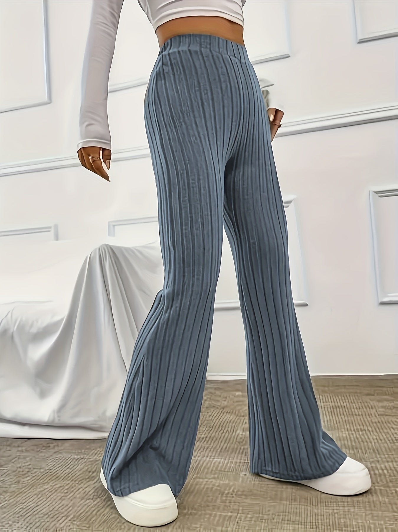 Elegant Ribbed Polyester Long Pants - High Elasticity, Solid Chic, Easy Care, Perfect for Spring & Fall