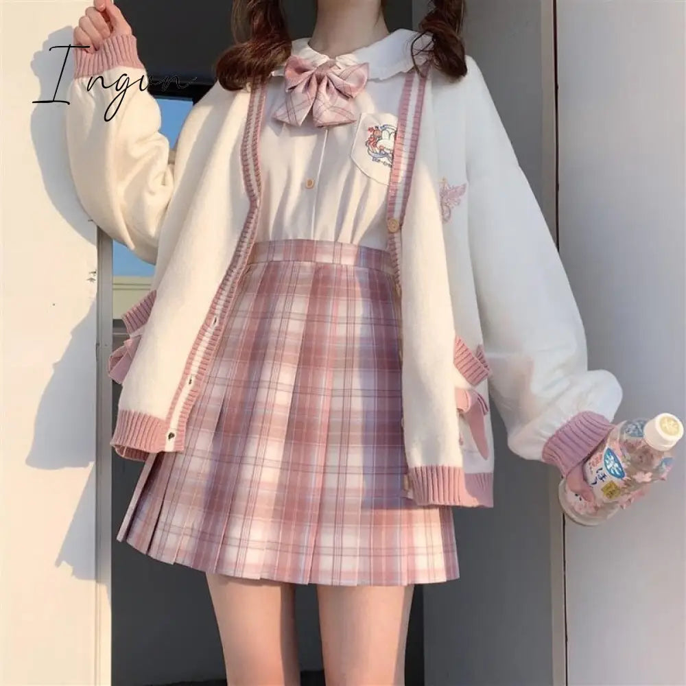 Ingvn - Spring Japanese Kawaii Fashion Pink Cardigan Women Harajuku Knitted Sweater Cute Bow Heart Korean College Style JK Uniform Coat