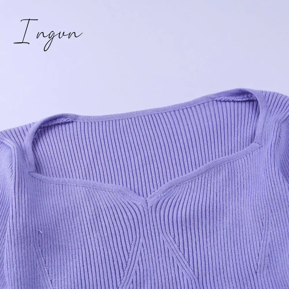 Ingvn - Fashion Trends European and American Fashion Autumn New Women's Solid Color Long-sleeved Slim Top Feminine Peach Heart V-neck Woolen Sweater