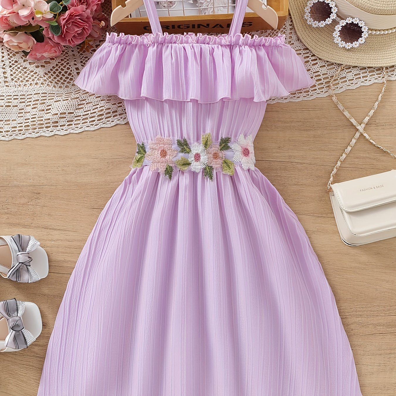 Charming Floral Ruffle Off-Shoulder Suspender Dress - Casual, Elegant, Spring and Summer Essential for Girls - Embroidered Flower Design, Comfortable and Versatile