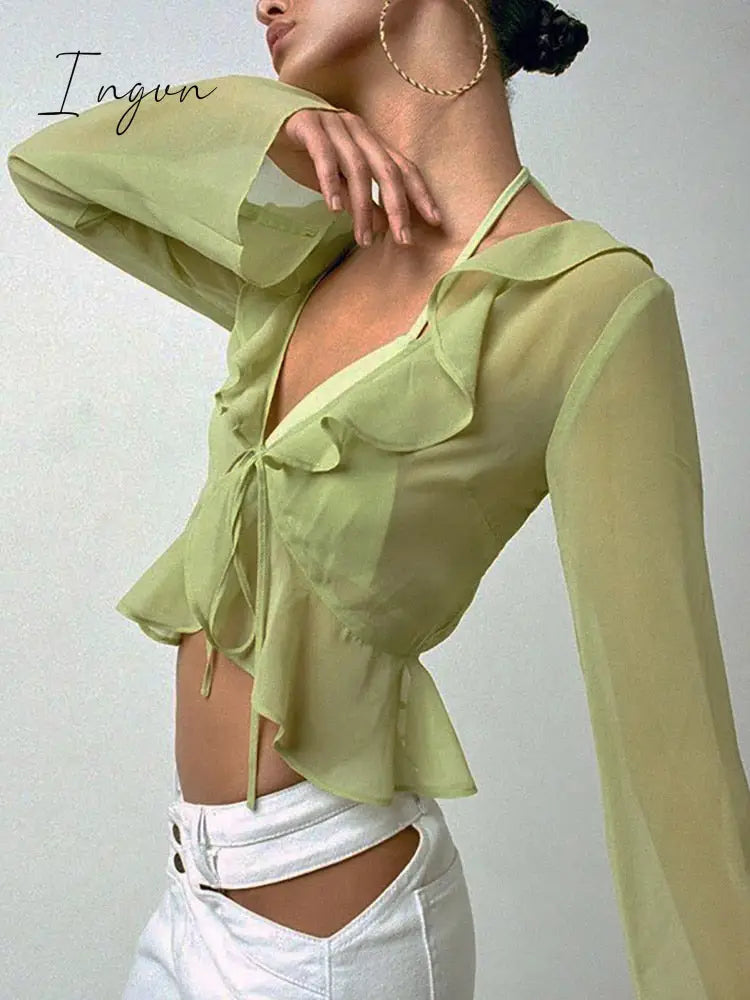 Ingvn - Summer Outfits Vintage 90s Streetwear Ruffles Trim Green Chiffon T-shirts Y2K Fashion Sexy Deep V Lace Up Long Sleeve Tops Transparent