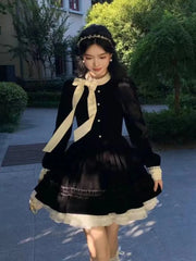 Autumn Black Velvet Dresses for Women Long Sleeve Lace Patchwork Bow Lace-up Evening Party Dress Korean Fashion A-Line Vestidos