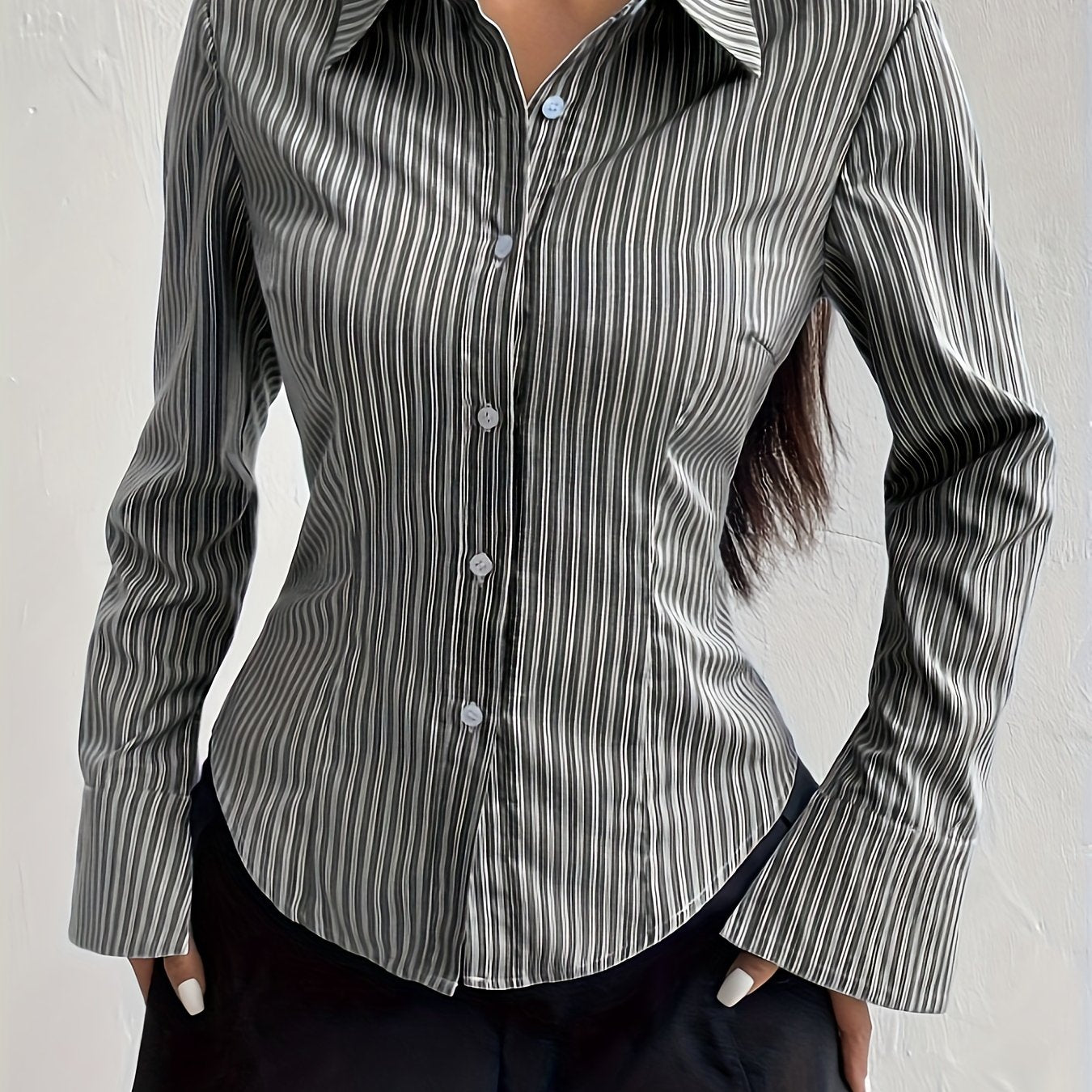 [Long Sleeve Shirt for Women] Elegant Striped Long Sleeve Shirt for Women - Slim Fit, Polyester, Machine Washable - Perfect for Spring/Fall