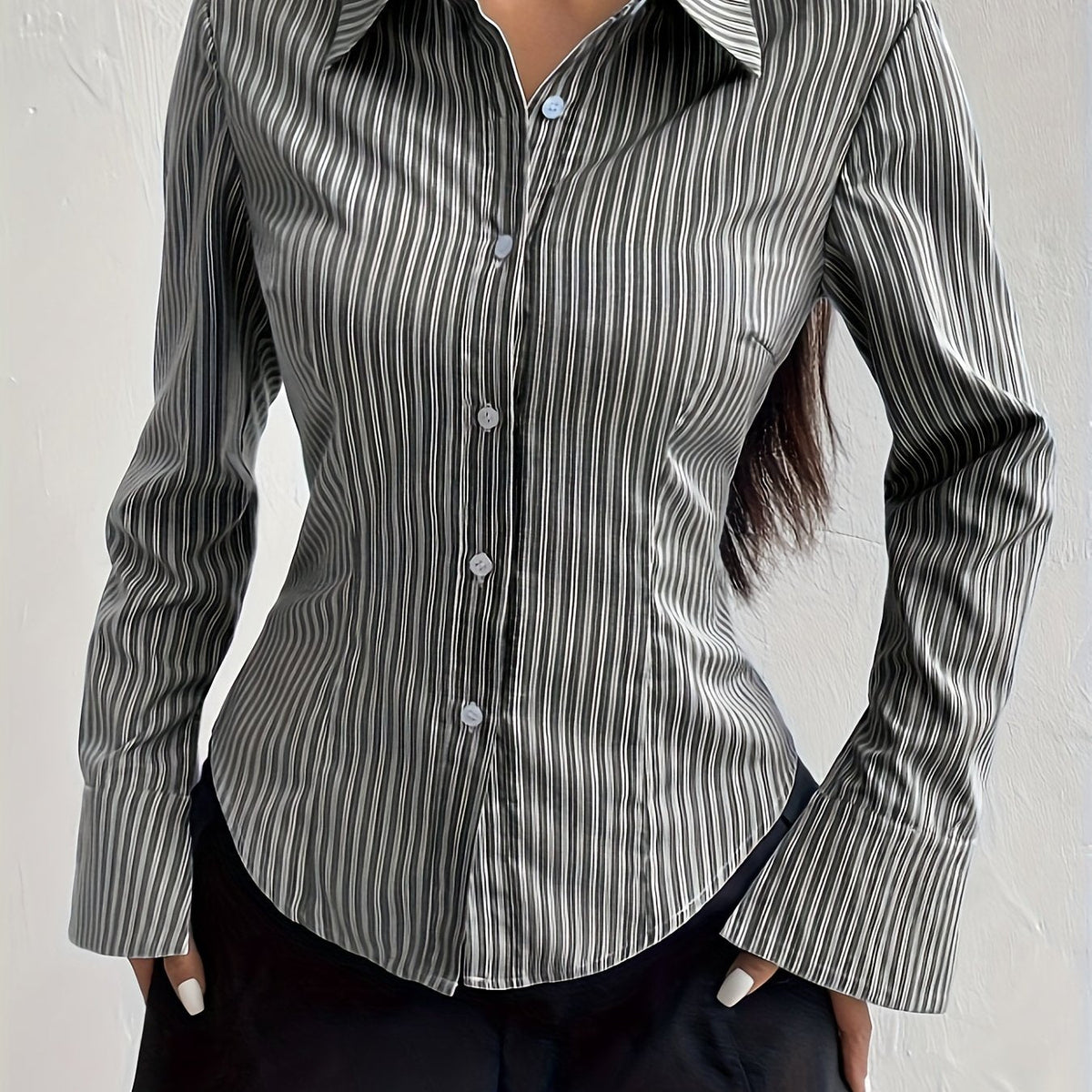 [Long Sleeve Shirt for Women] Elegant Striped Long Sleeve Shirt for Women - Slim Fit, Polyester, Machine Washable - Perfect for Spring/Fall