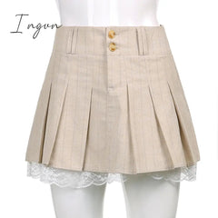 Ingvn - Sweetown Korean Fashion Khaki Short Skirt Lace Trim Cute Pleated Skirts Womens Preppy Style Button Up High Waist Summer Skirt
