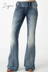 Ingvn- Casual Vintage Solid Make Old Mid Waist Regular Denim Jeans