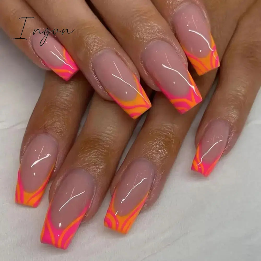24pcs Mid-length Simple Smudged False Nails Wearable French Ballerina Fake Nails Full Cover Nail Tips Set Press On Nails