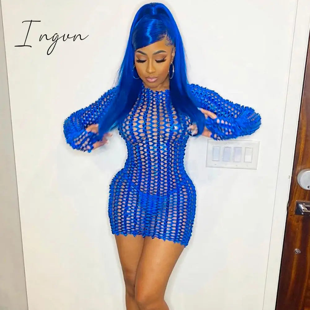 Ingvn - Long Sleeve Cut Out Solid Skinny Sexy Mini Dress Autumn Winter Women Fashion Party Club Elegant Outfits
