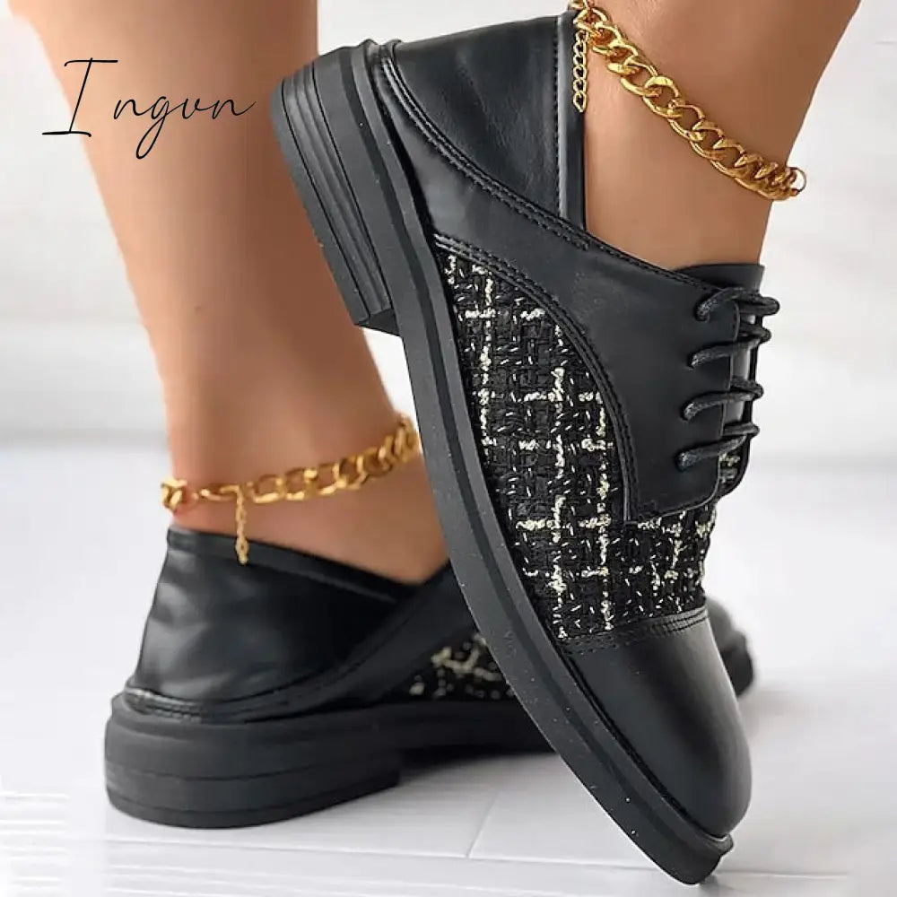 Ingvn - Women's Flats Oxfords Plus Size Wedding Office Work Winter Block Heel Chunky Heel Square Toe Fashion Business Elegant PU Loafer Plaid Black fleece beige fleece Black