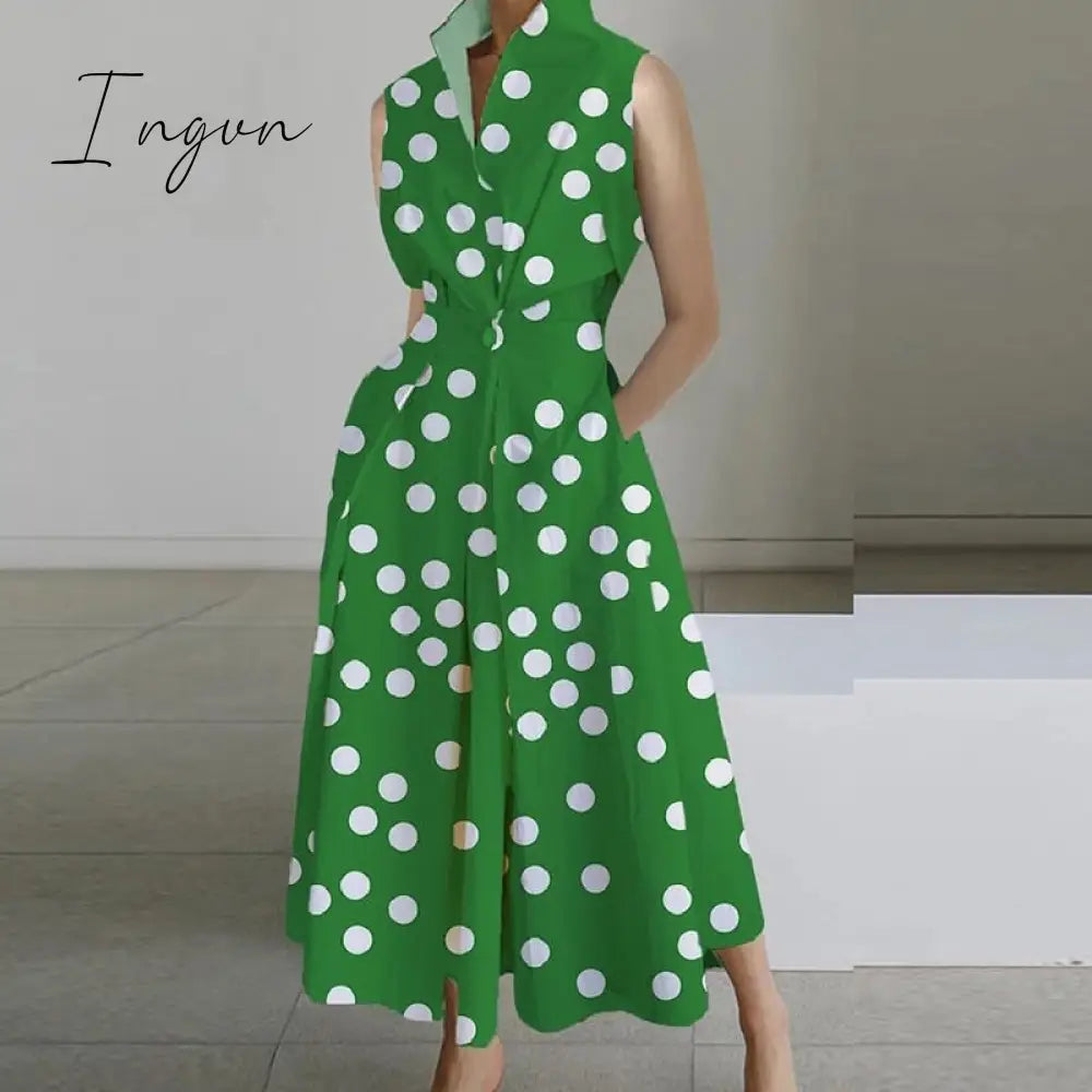 Ingvn - Vintage Abstract Print Boho Long Dress 2023 Spring Waist Buttoned Lapel Shirt Dress Women Short Sleeve A-Line Summer Beach Dress