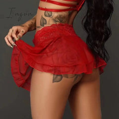 Ingvn - Micro Mini Skirt Club Sexy Wear Sheer See Through Skirts Sexy Women Ice Silk A-Line Pleated Skirt Low Rise Waist Ruffled Skirt
