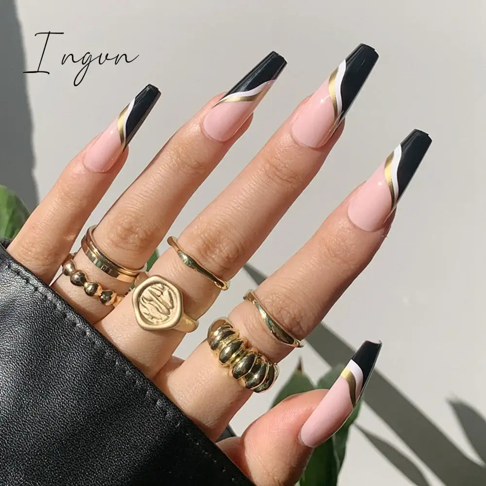 Extra Long Coffin Fake Nail Black And White Plaque False Nails French Ballerina Artificial Full Cover Nail Tips Press On Nail