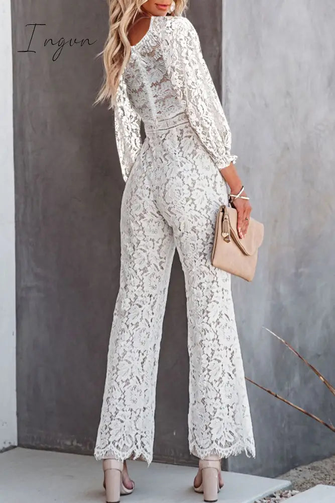 Ingvn - Embroidery Lace V Neck Regular Jumpsuits
