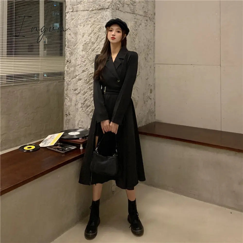 Ingvn - Long Sleeve Dresses Women Bandage Punk Streetwear Hipster Vestidos Mujer Elegant Popular Side Slit A-Line Charm Vintage Ulzzang