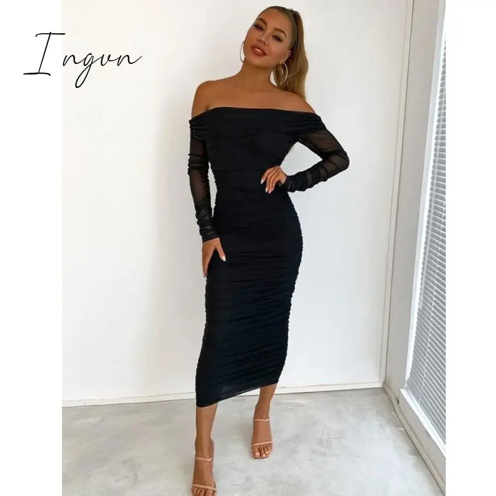 Ingvn - Trends high quality Off Shoulder Ruched Double Layer Mesh Dress Women Long Sleeve Sexy Dresses Ladies Autumn Party Long Christmas Dress