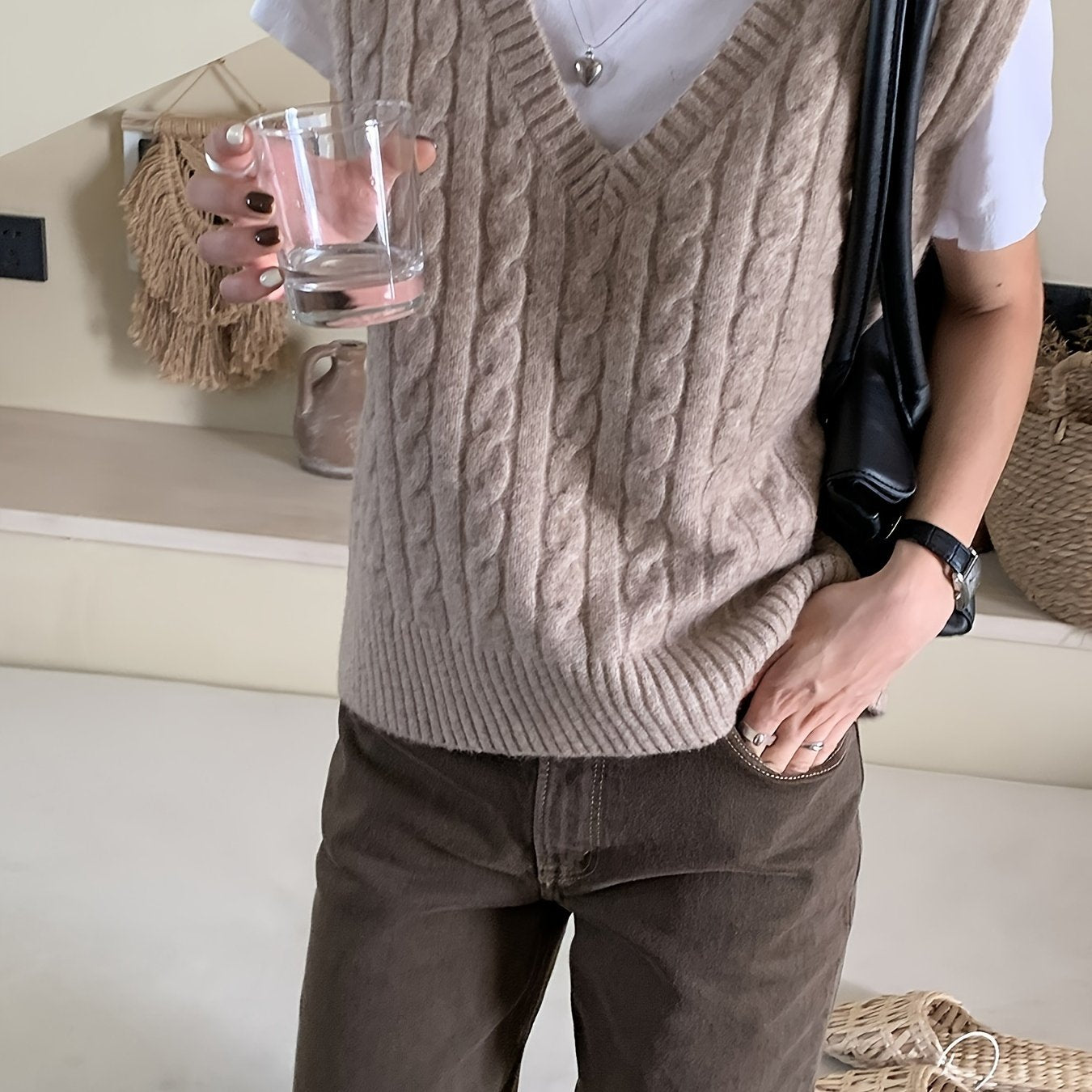 Solid V Neck Cable Knit Vest - Women's Casual Clothing - Sleeveless Loose Fit Versatile Sweater Vest for Everyday Wear, Comfortable and Stylish